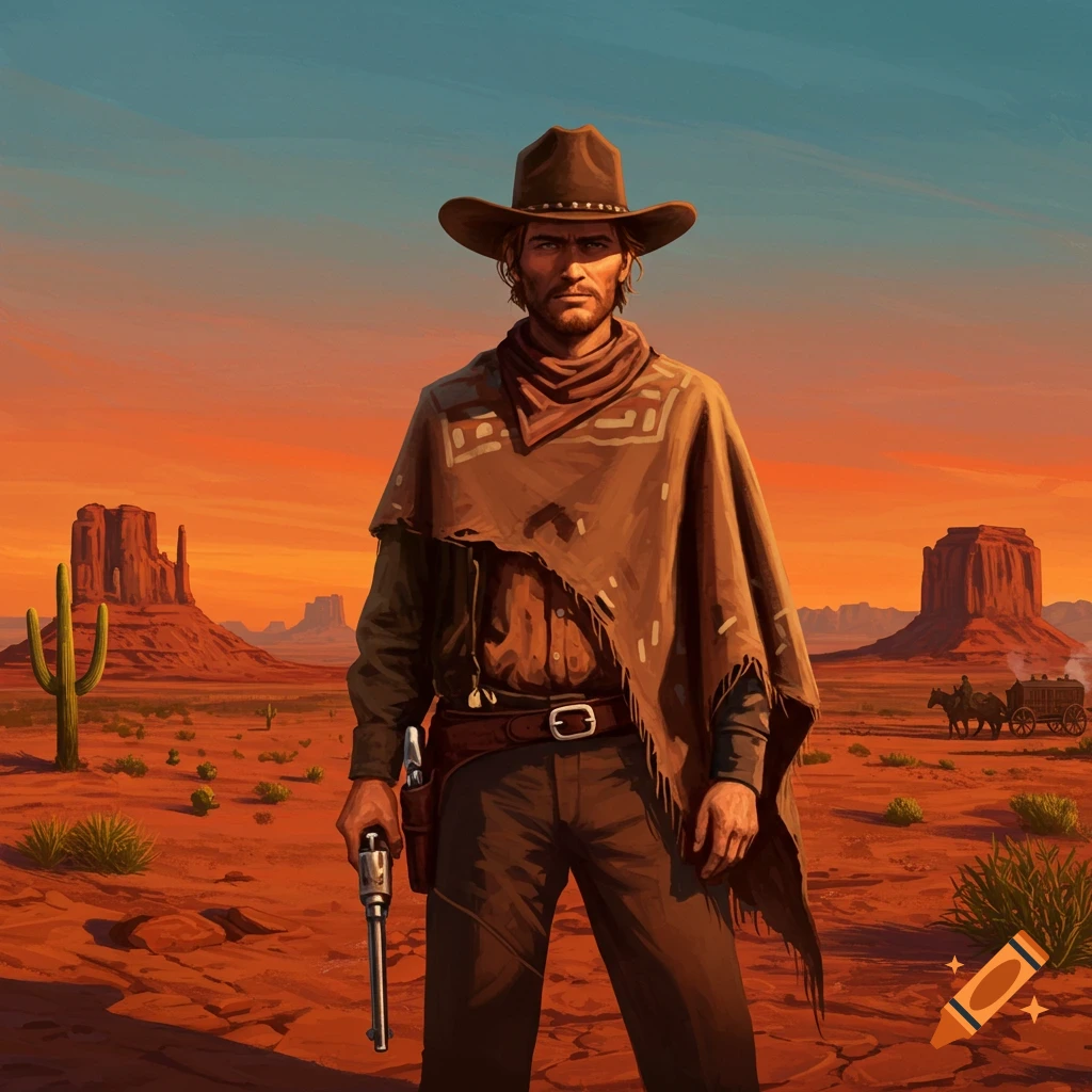 A man dressed as a cowboy in a poncho and hat holds a gun in a red desert with mesas and saguaro cacti under a blue-orange sky.