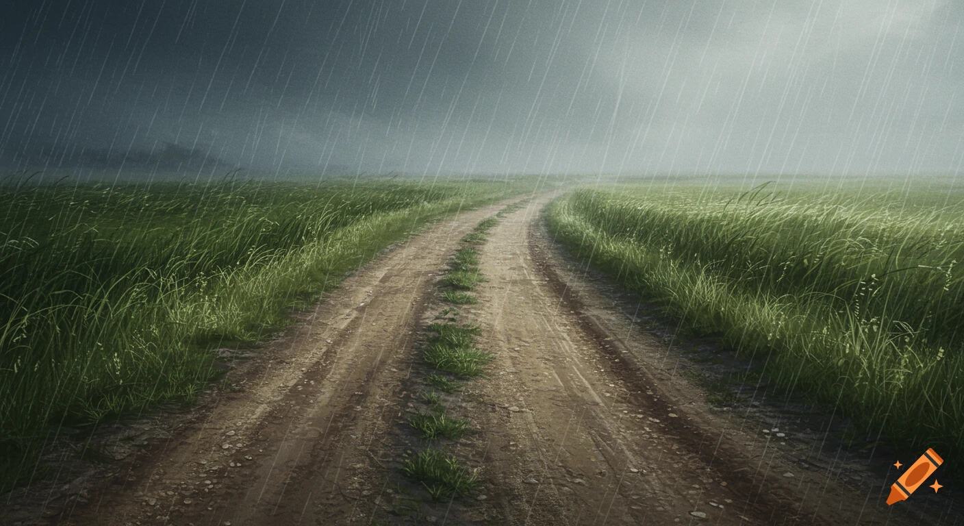 A dirt road winds through a field of green grass under heavy rain and a cloudy sky.