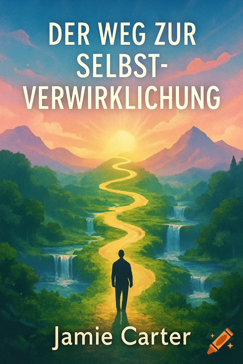 A man walks on a winding path through a lush valley with waterfalls towards a bright sunrise over mountains. Book title: 'DER WEG ZUR SELBST-VERWIRKLICHUNG'.