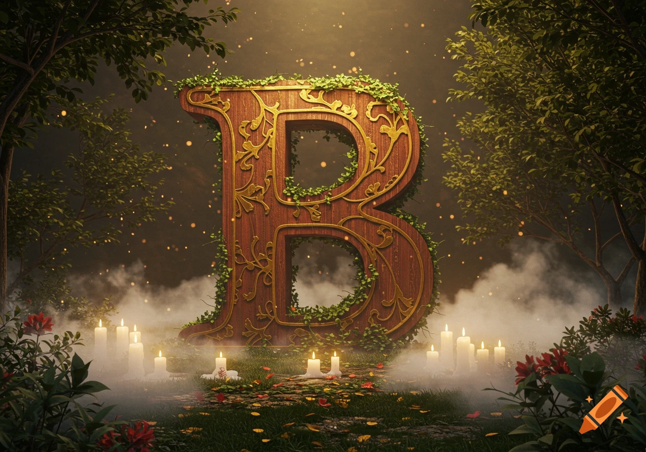 A large, ornate wooden letter 'B' entwined with ivy and golden filigree stands in a mystical forest with candles and mist.