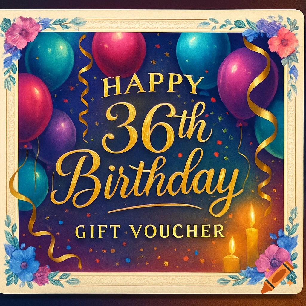 A festive 36th Birthday Gift Voucher with colorful balloons, gold ribbons, flowers, and lit candles.
