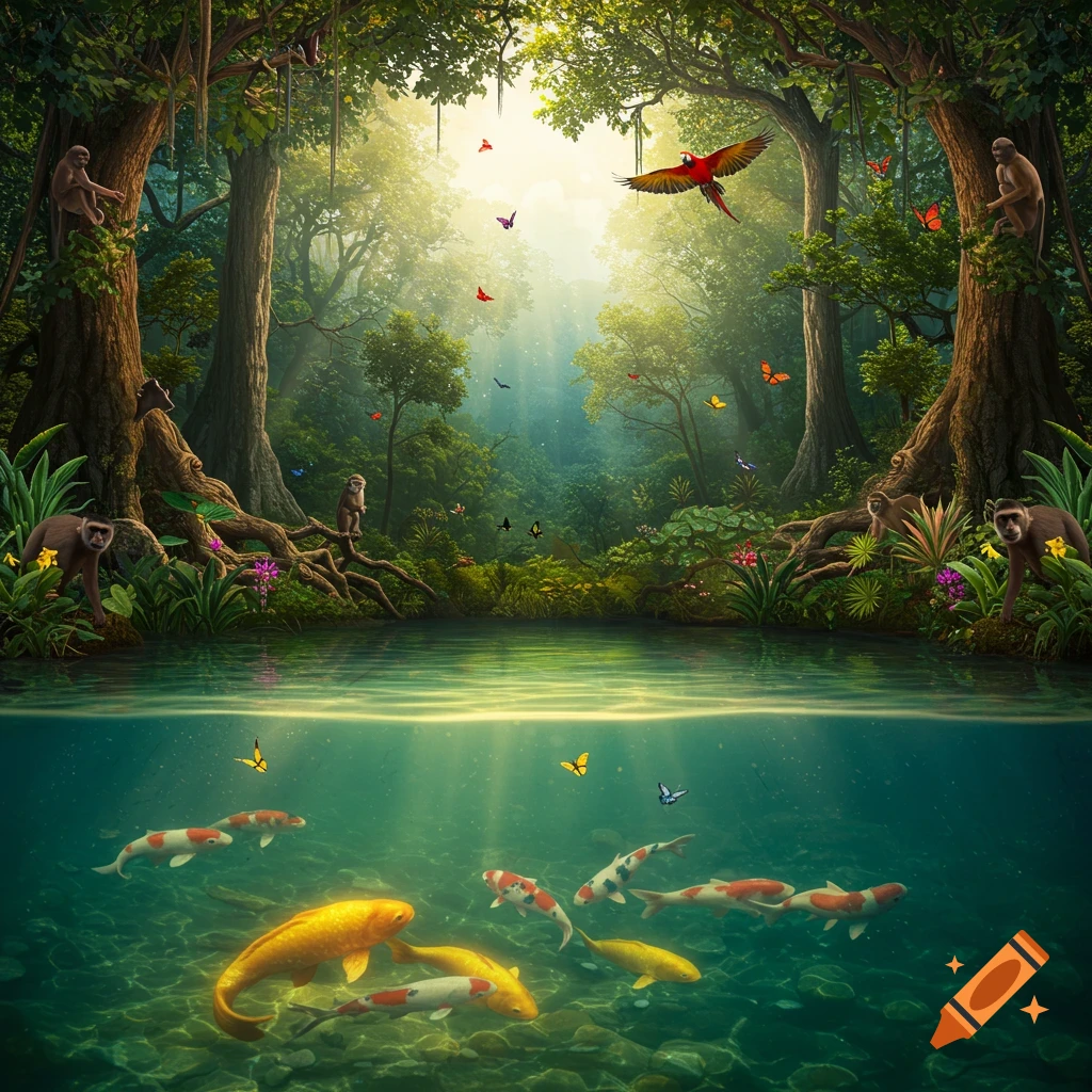 Vibrant fantasy jungle scene with monkeys, a macaw, butterflies above a pond with colorful koi fish below the surface.