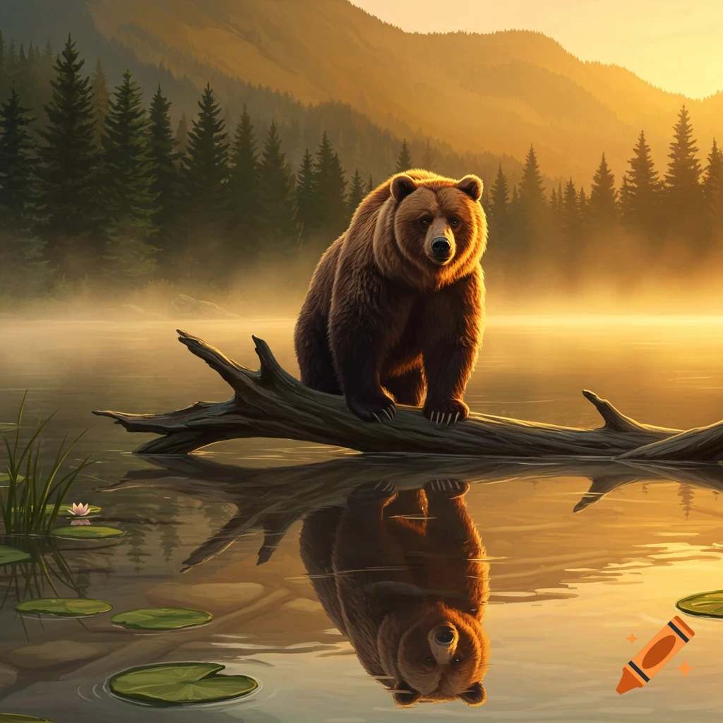 A photorealistic image of a brown bear standing on a fallen log in a misty lake at sunrise, surrounded by mountains and pine trees.