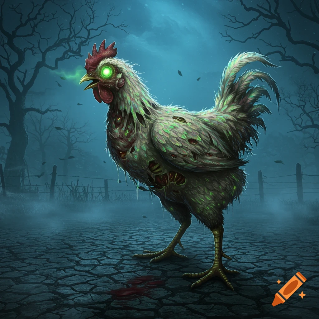 A green-hued zombie chicken with glowing eyes stands on cracked ground in a dark, misty forest, digital art style.