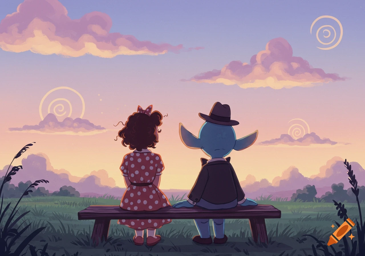 Cartoon characters, a girl and a blue alien, sit on a bench watching a colorful sunset over a field.