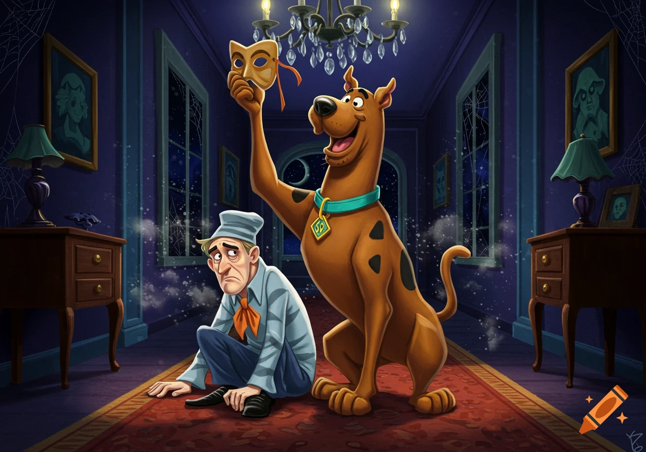 Scooby-Doo triumphantly holds up a mask, unmasking a sad-looking man in a spooky, dimly lit mansion hallway.
