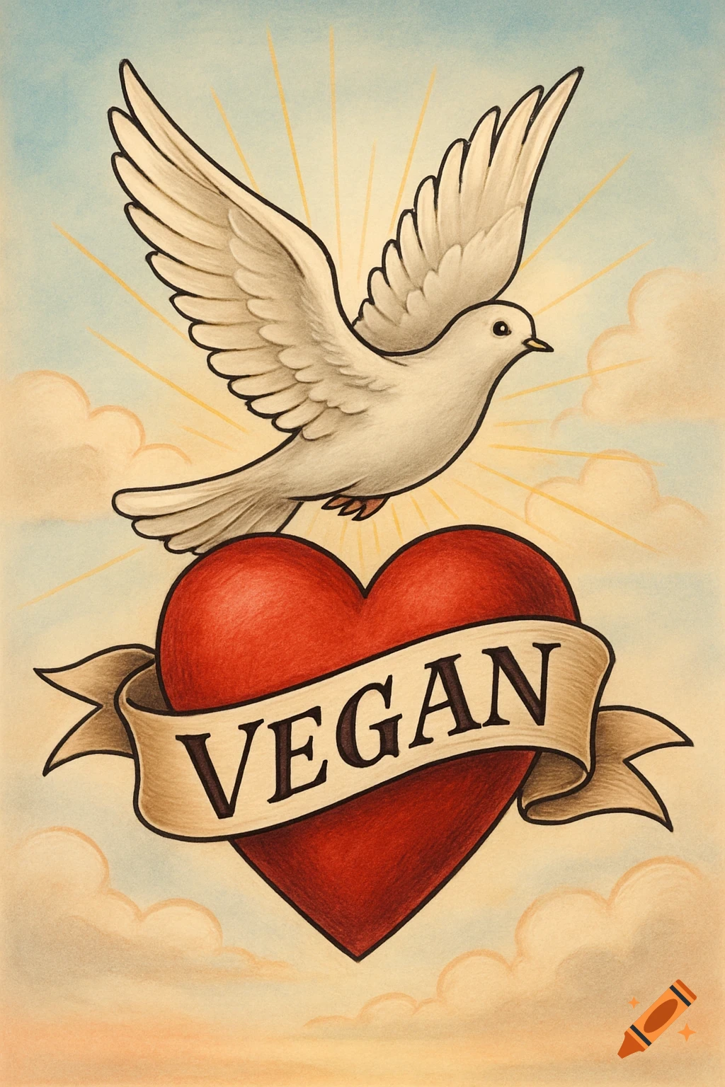 A white dove flies above a red heart with a banner reading "VEGAN" in a traditional illustration style, against a cloudy sky.