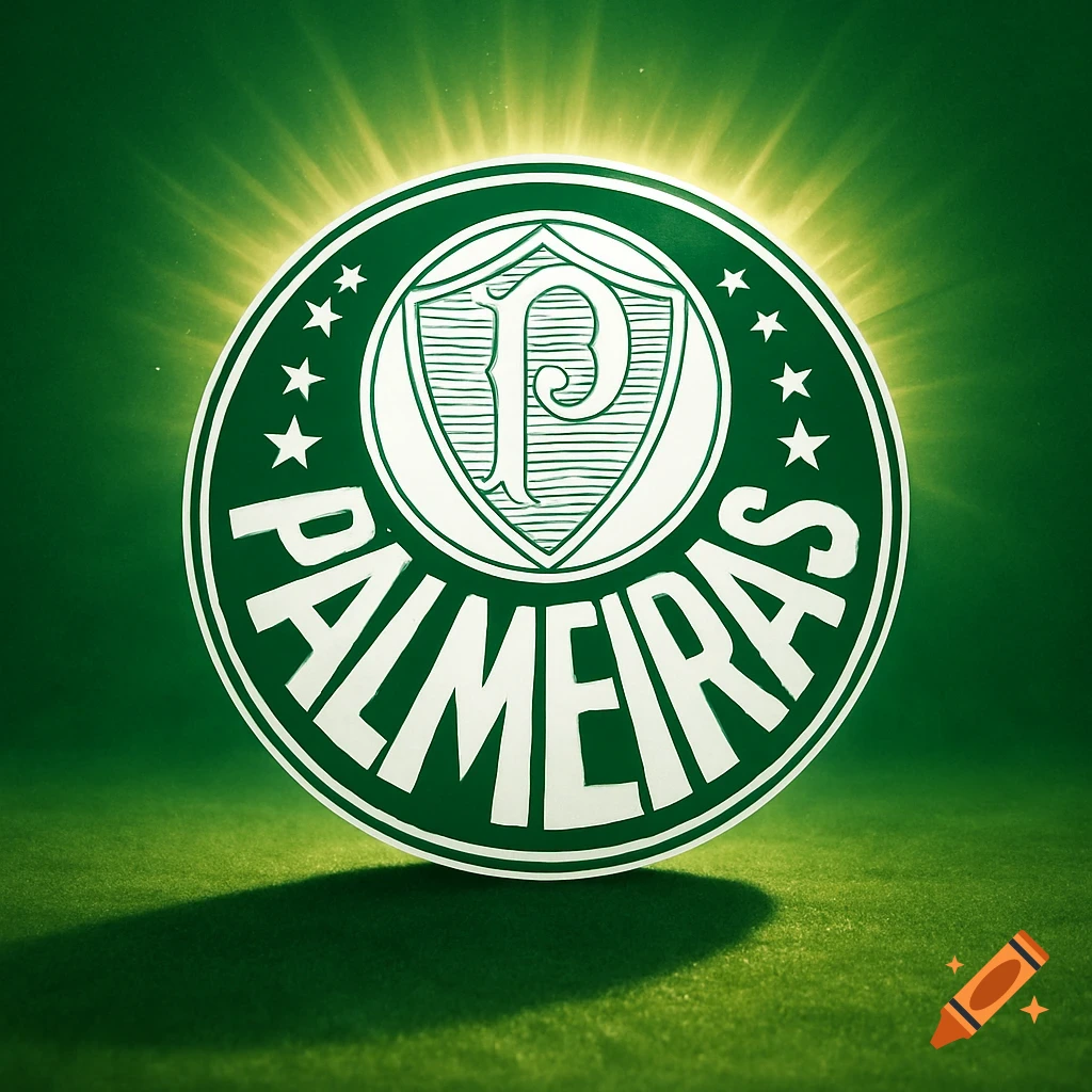 A green and white circular Palmeiras football club logo, featuring a shield with a 'P' and stars, against a glowing green background.