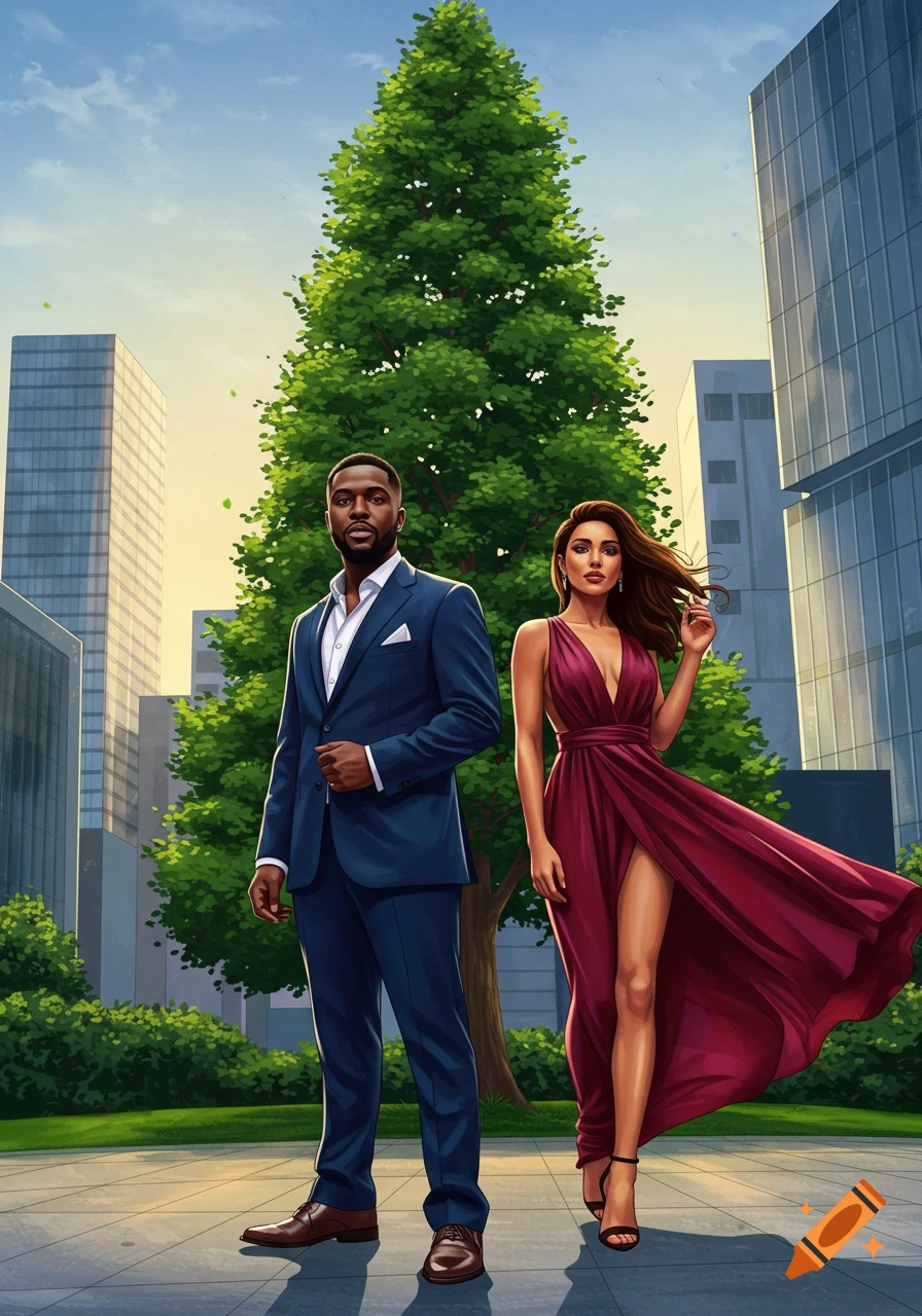 Illustrated man in a blue suit and woman in a red gown pose in a city park with skyscrapers and a large tree.