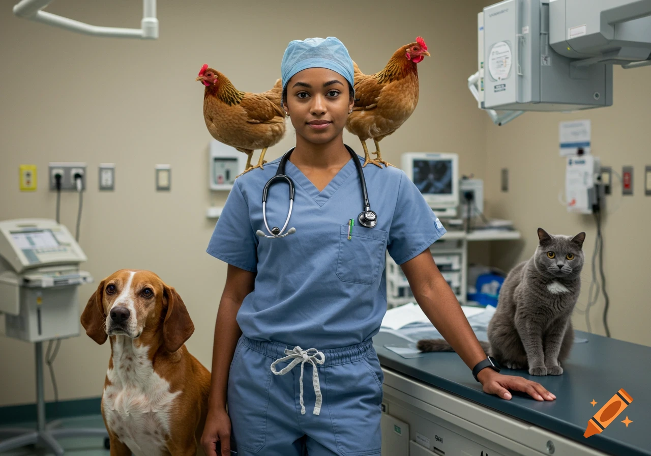 A woman in blue scrubs stands in a vet clinic with two chickens on her shoulders, a beagle to her left, and a grey cat on a table to her right.