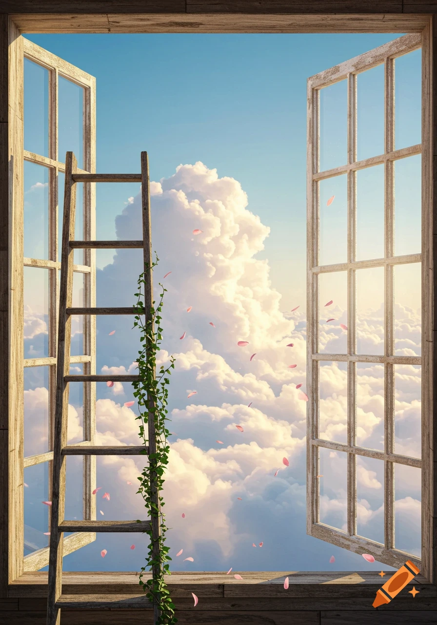 A wooden ladder leans against an open window, revealing a blue sky with fluffy clouds and falling pink petals.