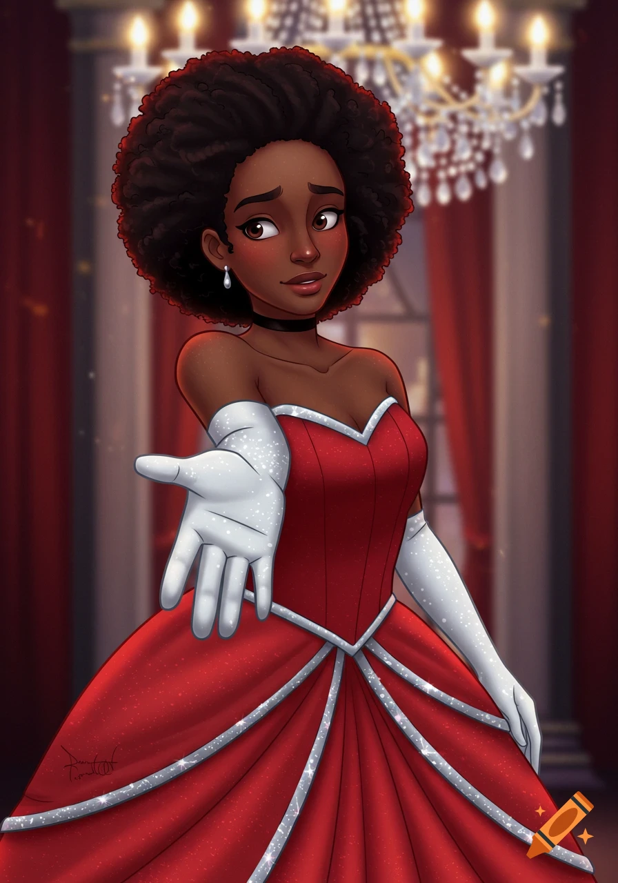Disney-style illustration of a Black woman with an afro in a red ball gown, white gloves, nervously extending her hand in an elegant room.