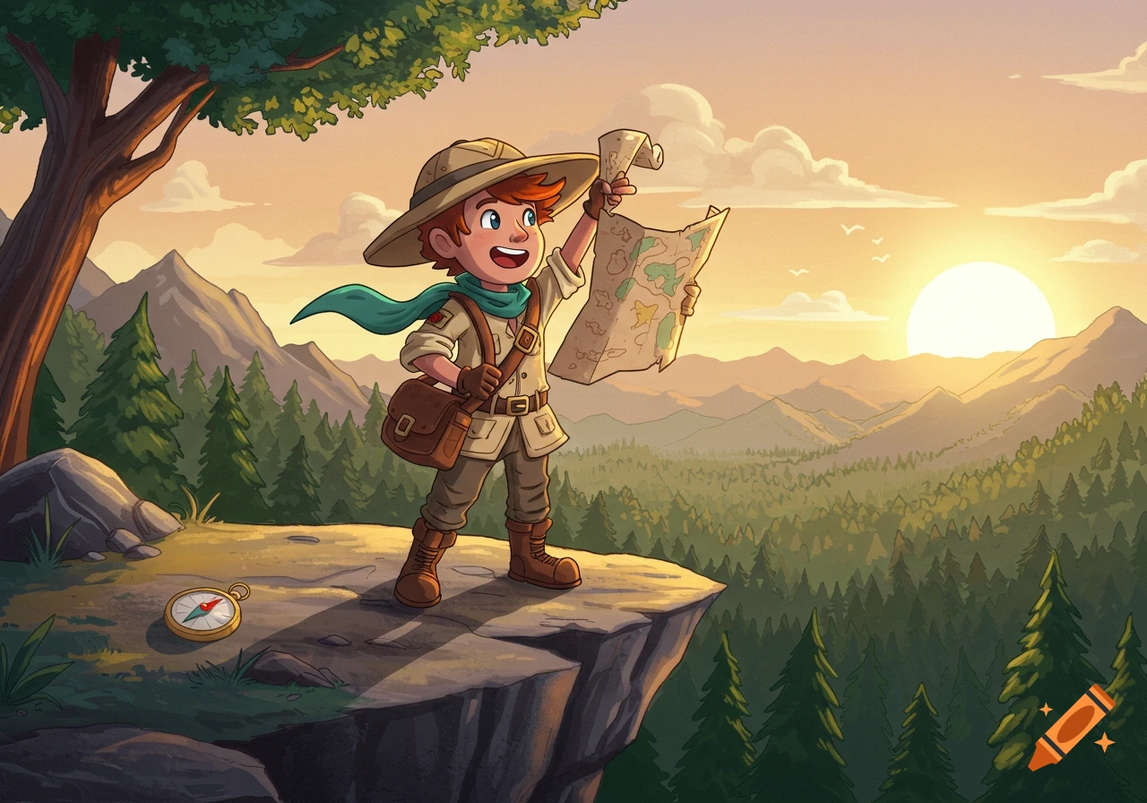 Cartoon boy explorer with a map on a cliff, overlooking a mountain forest landscape at sunset.