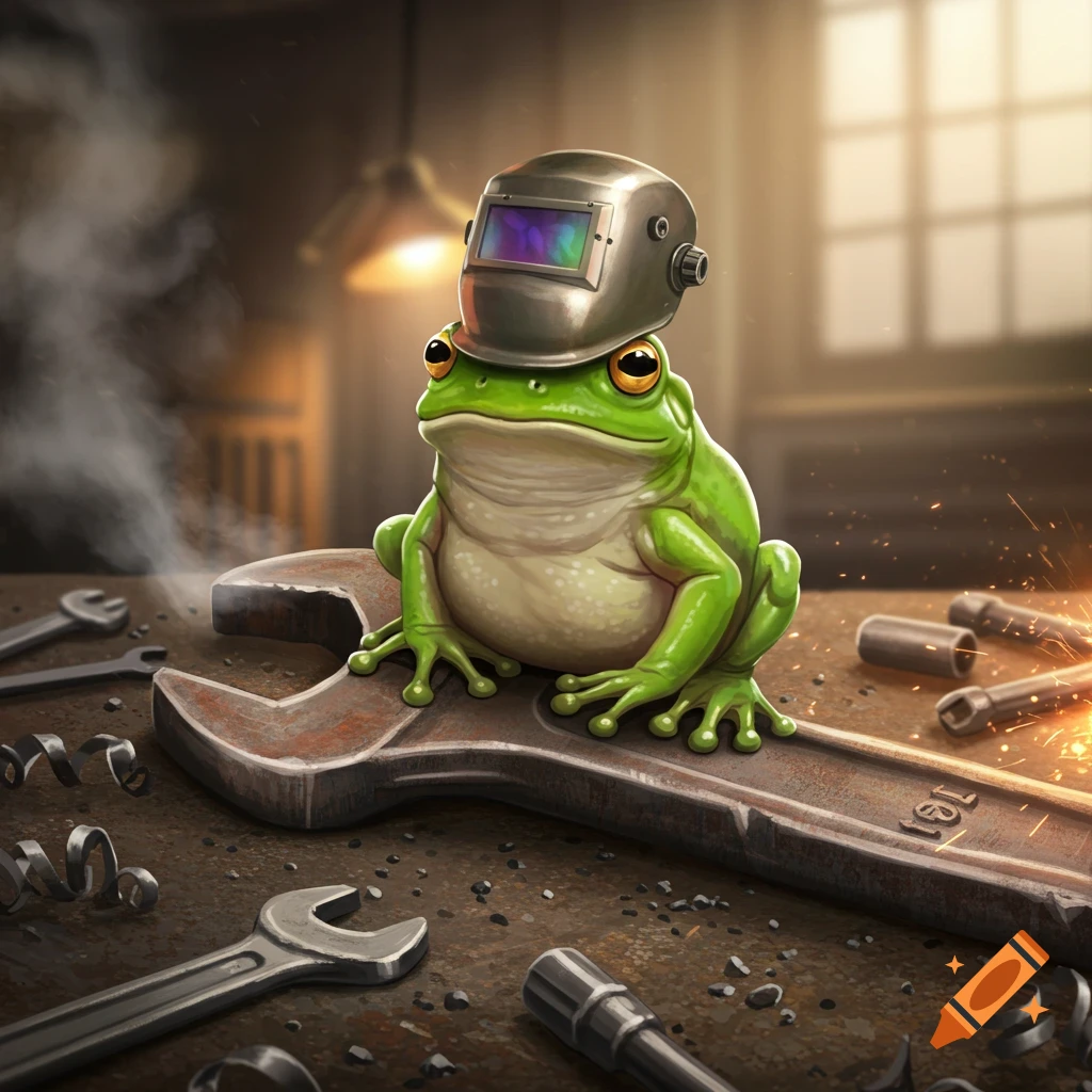 A cute green frog wearing a welding helmet sits on a large rusty wrench in a detailed workshop setting with tools and sparks.