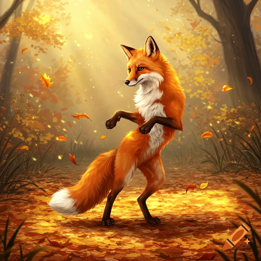 A stylized orange fox stands on two legs, dancing among golden autumn leaves in a sunlit forest.