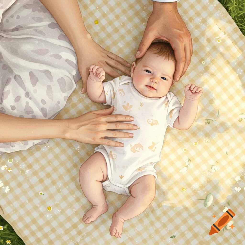 Top-down illustration of a baby lying on a yellow plaid picnic blanket, with adult hands gently touching its head and tummy.