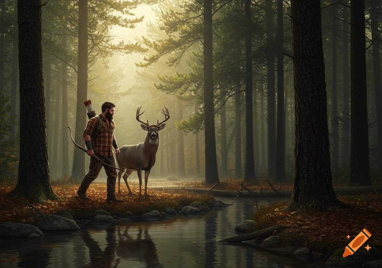 A bearded man in a plaid shirt with a bow and quiver stands by a large buck in a misty forest with a stream, photorealistic.