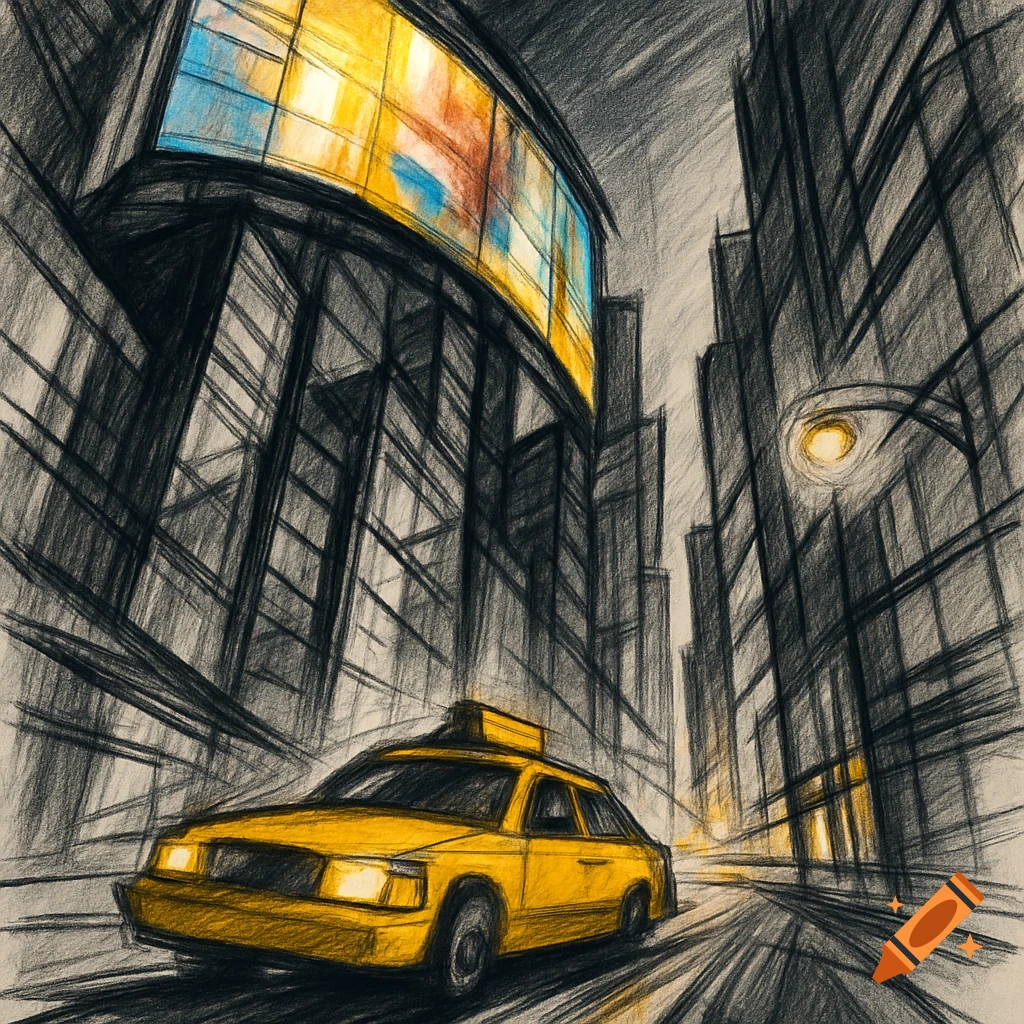 Abstract sketch of a yellow taxi on a city street with tall buildings and a large illuminated billboard.