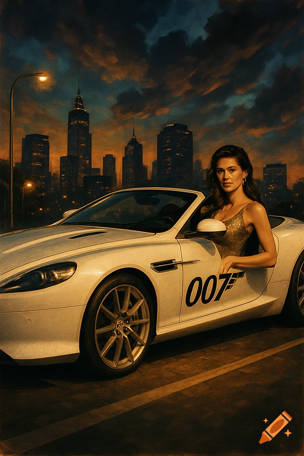 A woman in a white convertible Aston Martin with "007" on the door, against a dramatic city skyline at dusk in a stylized poster.