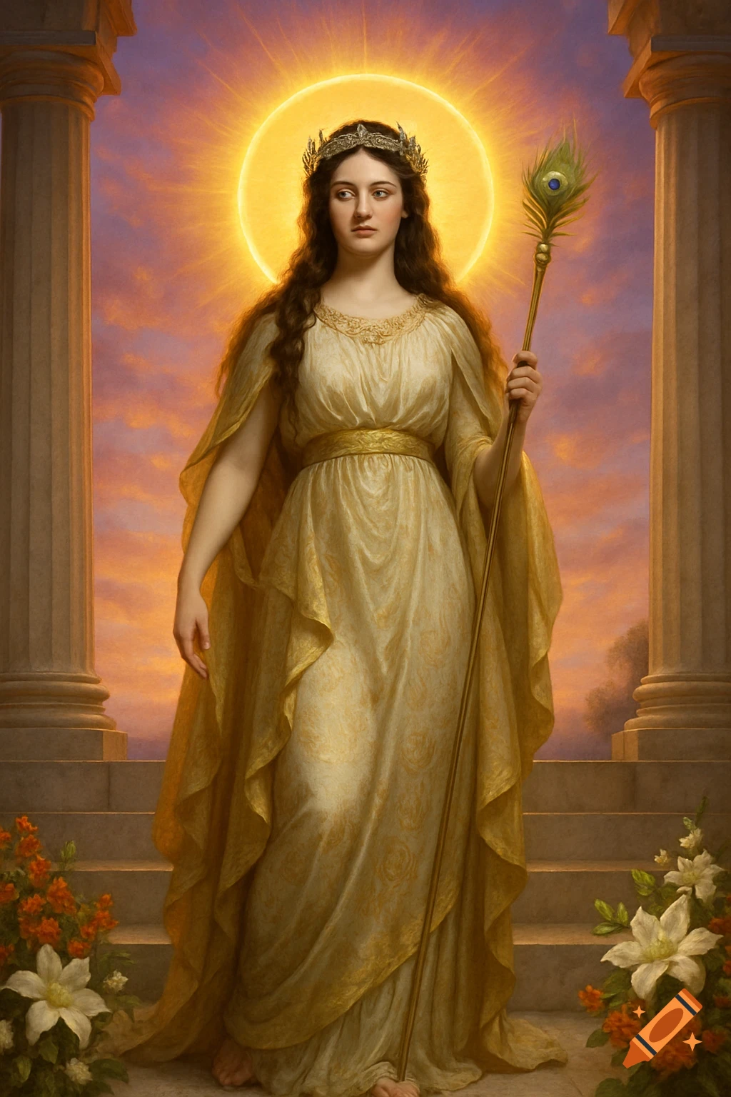 A goddess in a golden gown and crown, holding a peacock staff, stands on temple steps under a glowing halo and sunset sky.