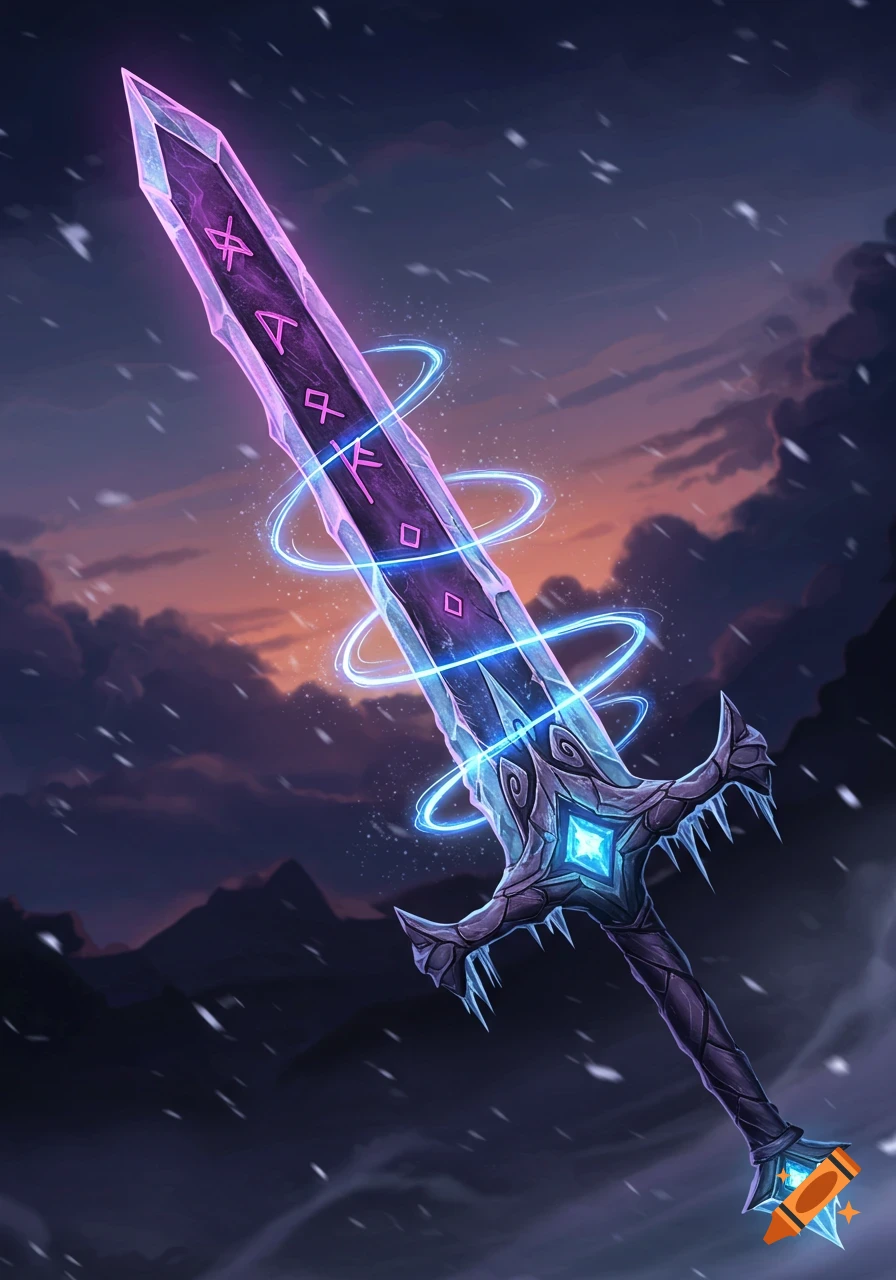 A glowing purple and blue ice sword with runes on its blade, against a snowy mountain range and sunset sky.