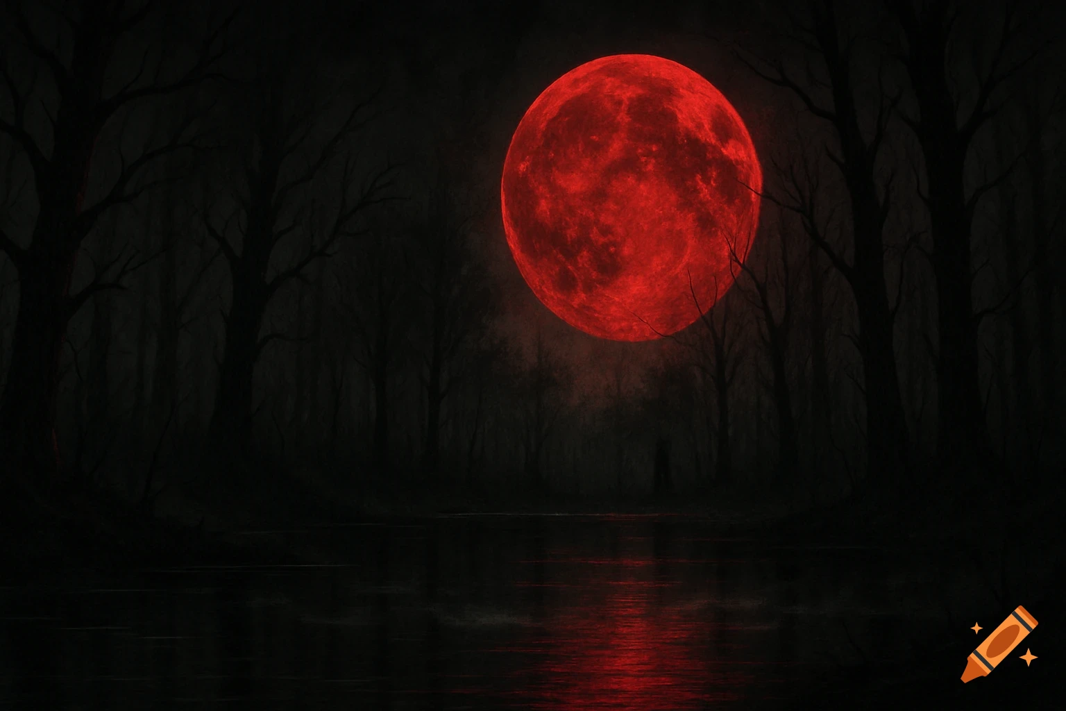 A large, glowing red moon hangs over a dark, spooky forest, reflecting on a calm body of water below.