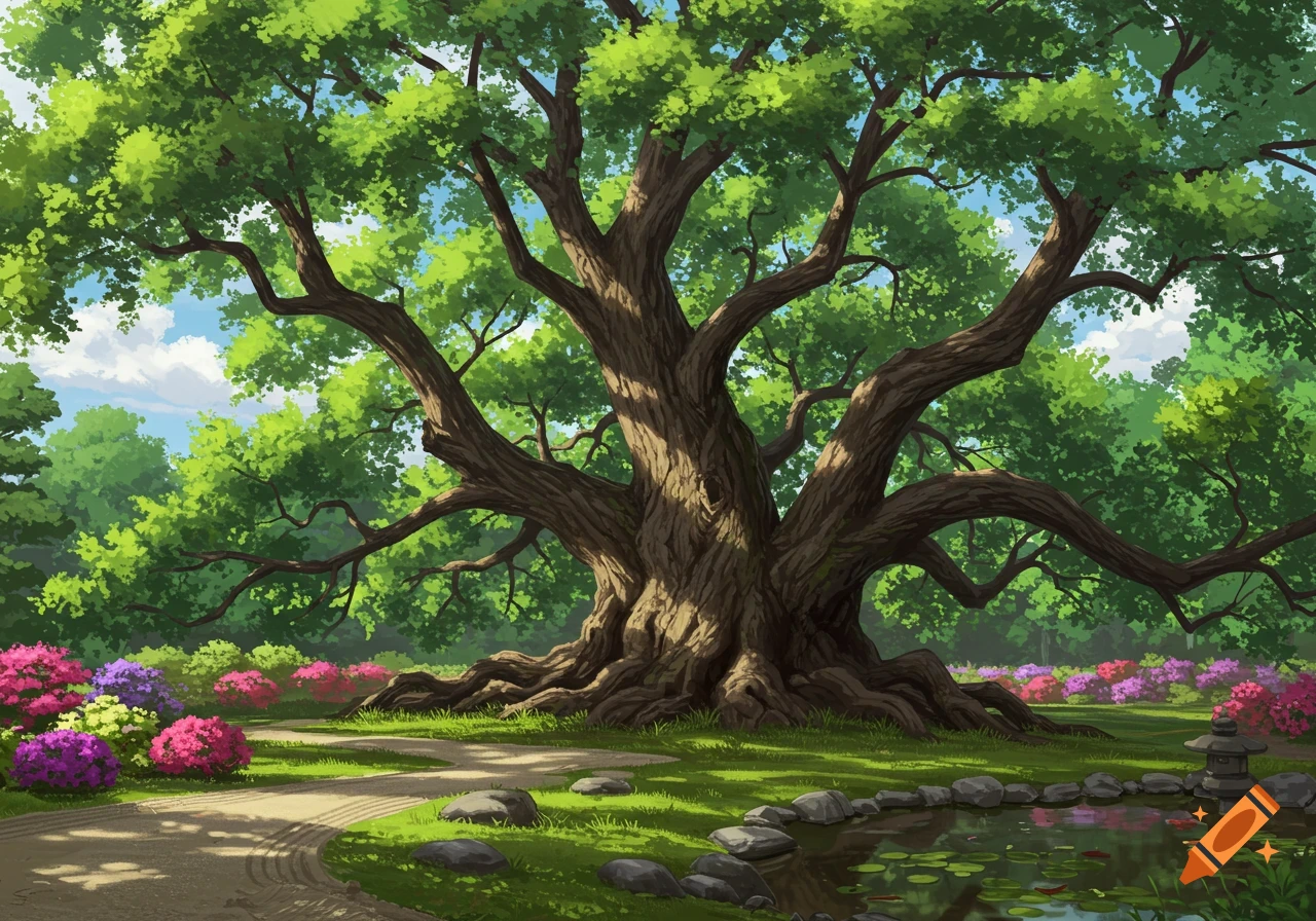 A vibrant digital painting of a majestic old tree in a serene Japanese garden with colorful flowers, a winding path, and a pond with a stone lantern.