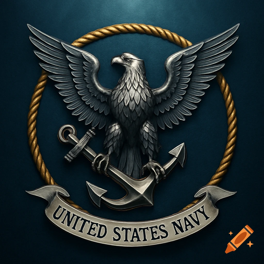 A detailed metallic silver bald eagle insignia holding an anchor within a gold rope circle, with a banner reading 'UNITED STATES NAVY' below, on a dark blue background.