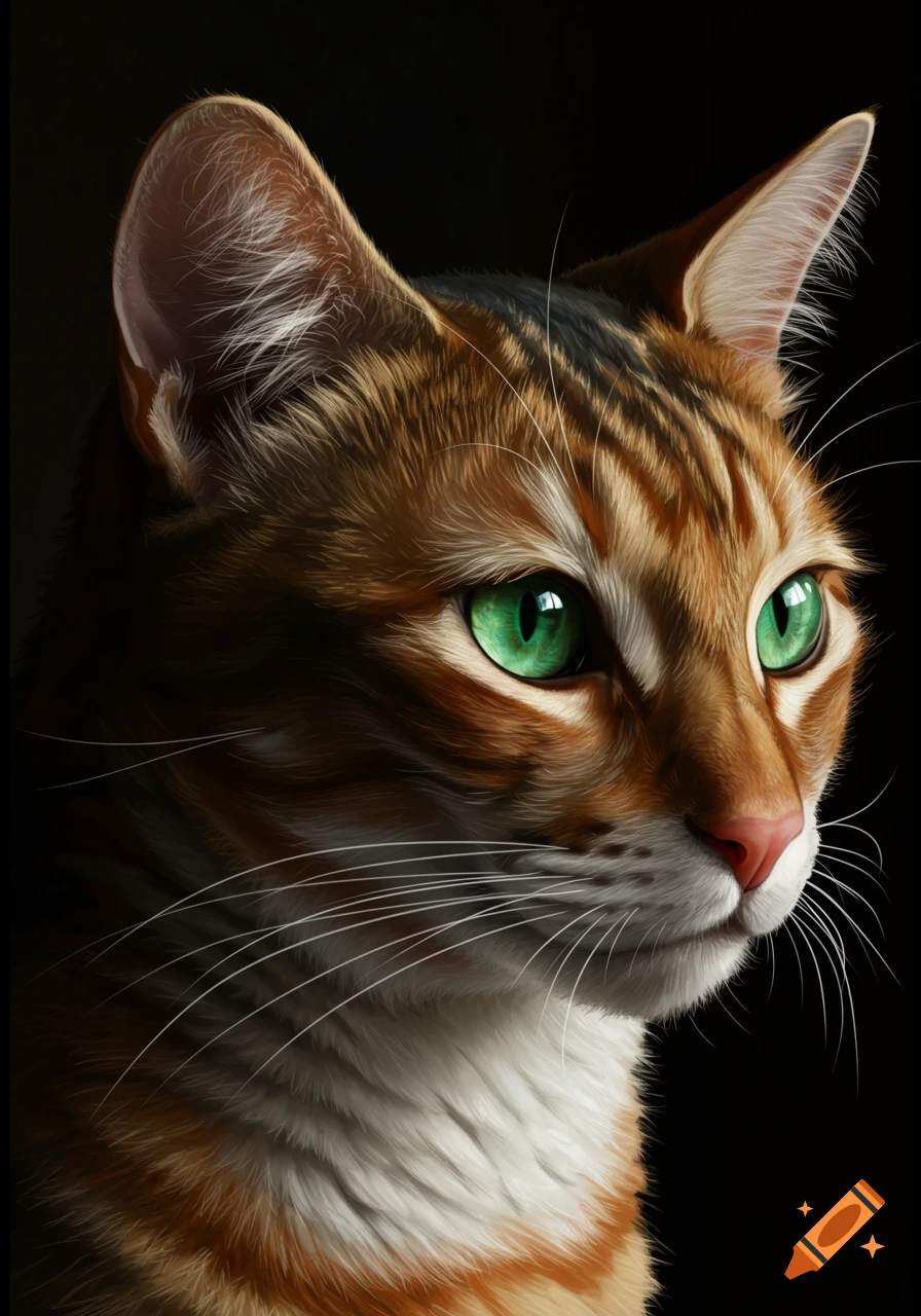 Close-up realistic portrait of an orange tabby cat with striking green eyes, looking right, against a dark background.