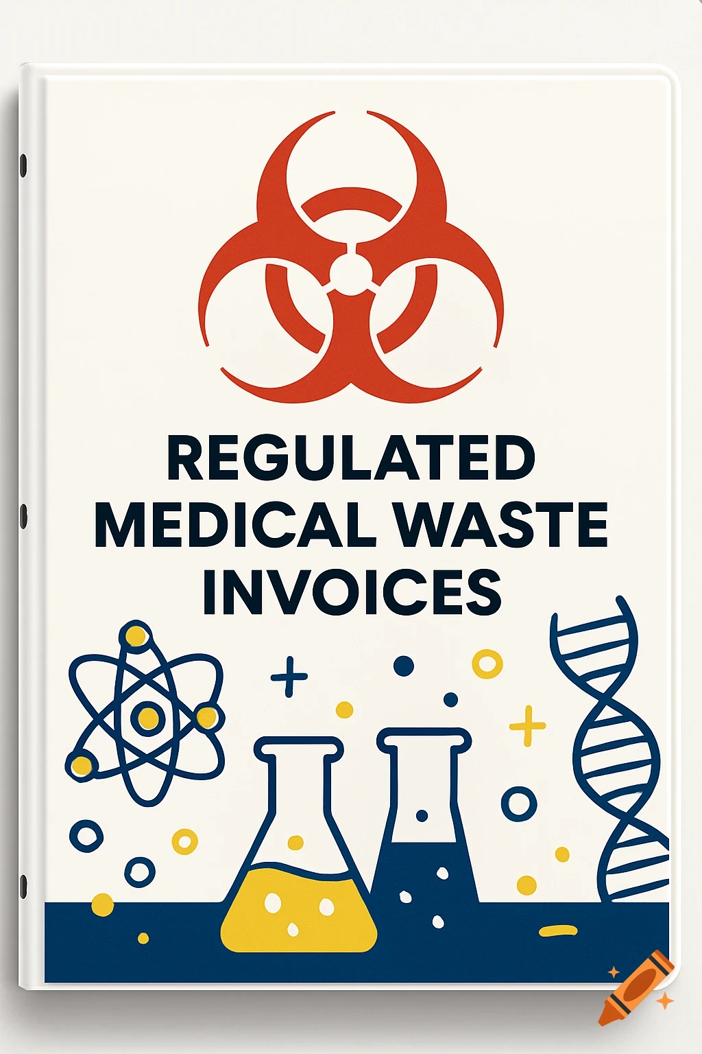 A white 3-ring binder cover featuring a red biohazard symbol, text 'REGULATED MEDICAL WASTE INVOICES', and blue and yellow science illustrations including an atom, beakers, and a DNA helix.