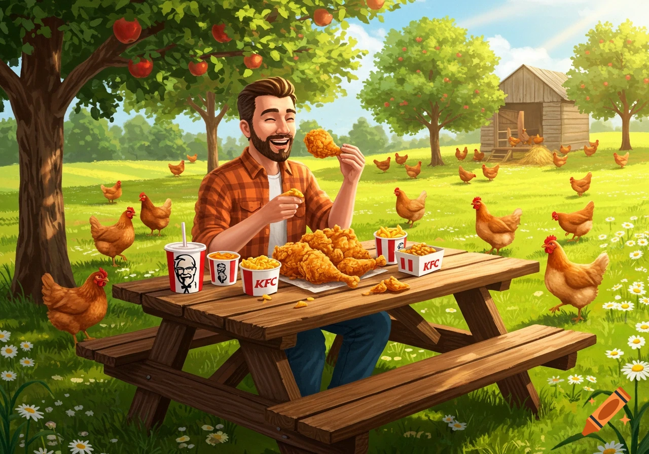 A smiling man enjoys KFC fried chicken at a picnic table in a sunny field with many live chickens, cartoon style.