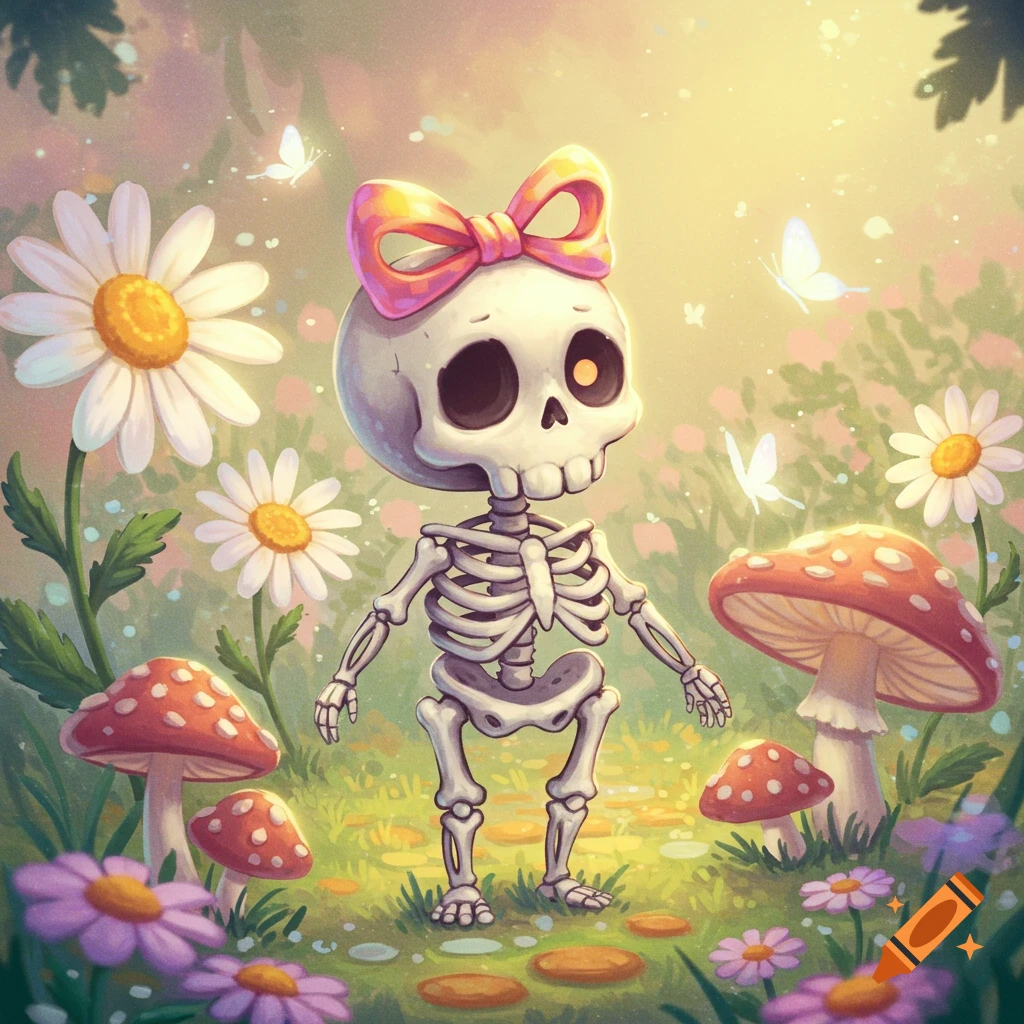 A cute cartoon skeleton with a pink bow stands in a whimsical forest among daisies, mushrooms, and butterflies.