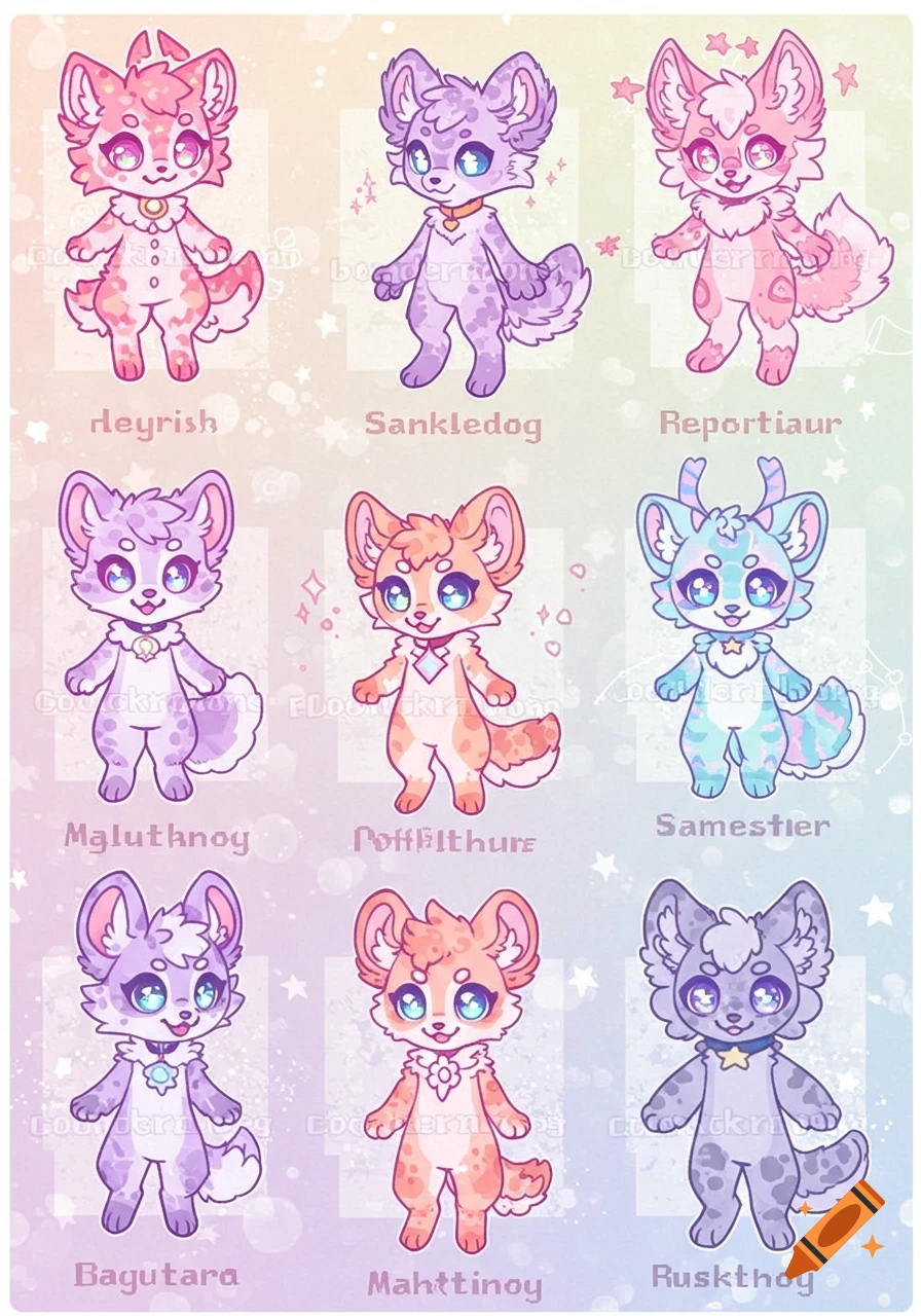 An adoptable sheet featuring nine chibi-style furry characters in various pastel colors like pink, purple, orange, and blue, each with a unique name below them.