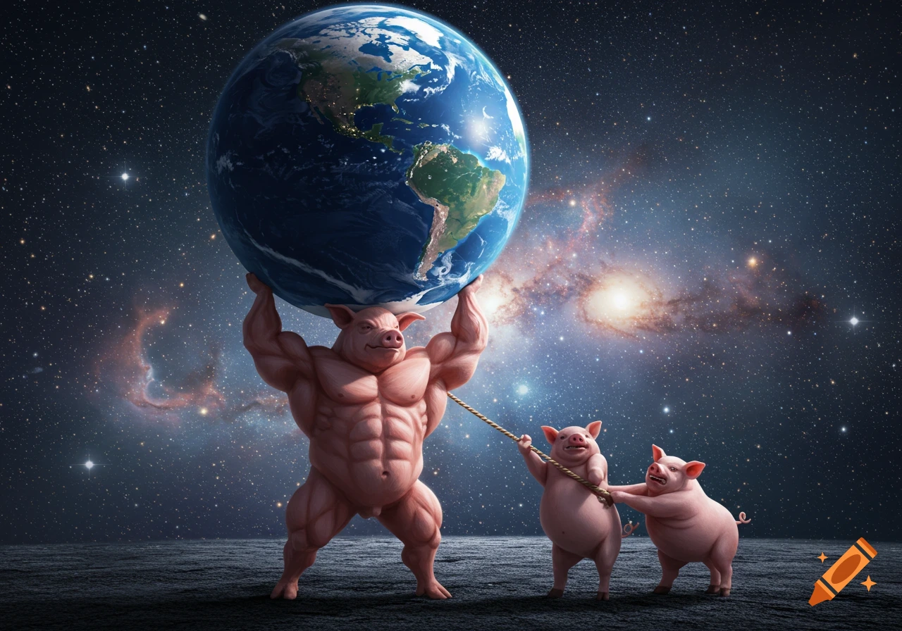 A muscular pig carries the Earth on its shoulders in space as two smaller pigs pull a rope tied to it.