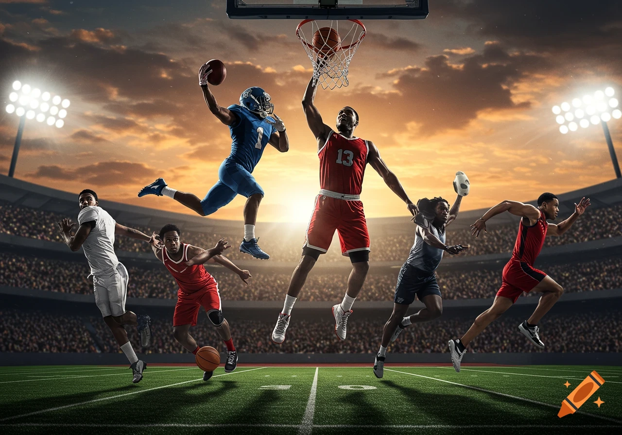 Photorealistic composite image of athletes playing football, basketball, and running in a packed stadium at sunset.