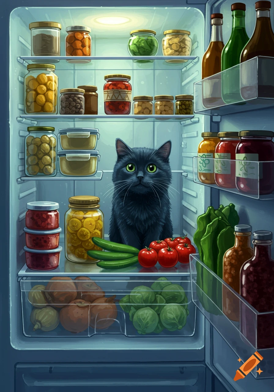 A fluffy black cat with bright green eyes sits among fresh vegetables and jars of food inside a brightly lit refrigerator.