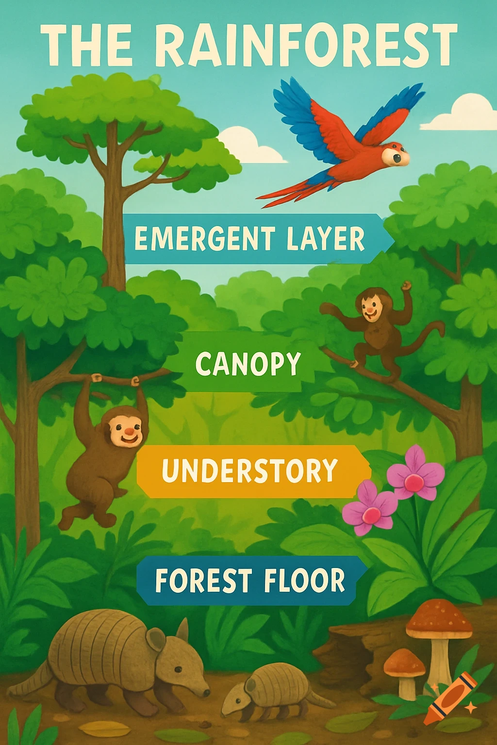 Cartoon educational poster illustrates the four rainforest layers: emergent, canopy, understory, and forest floor, with animals.