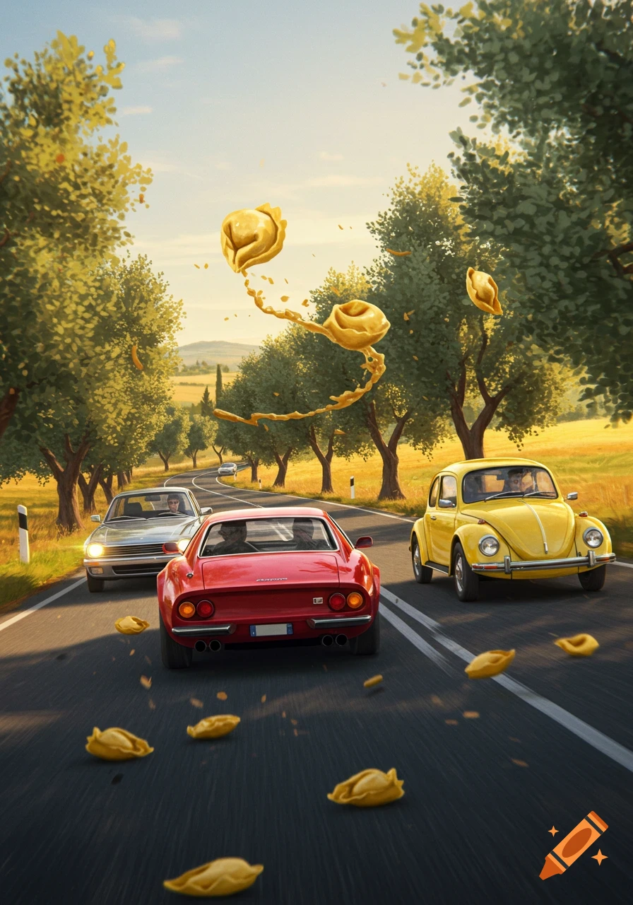 Vibrant illustration of three classic cars driving on an Italian country road, with tortellini flying through the air.