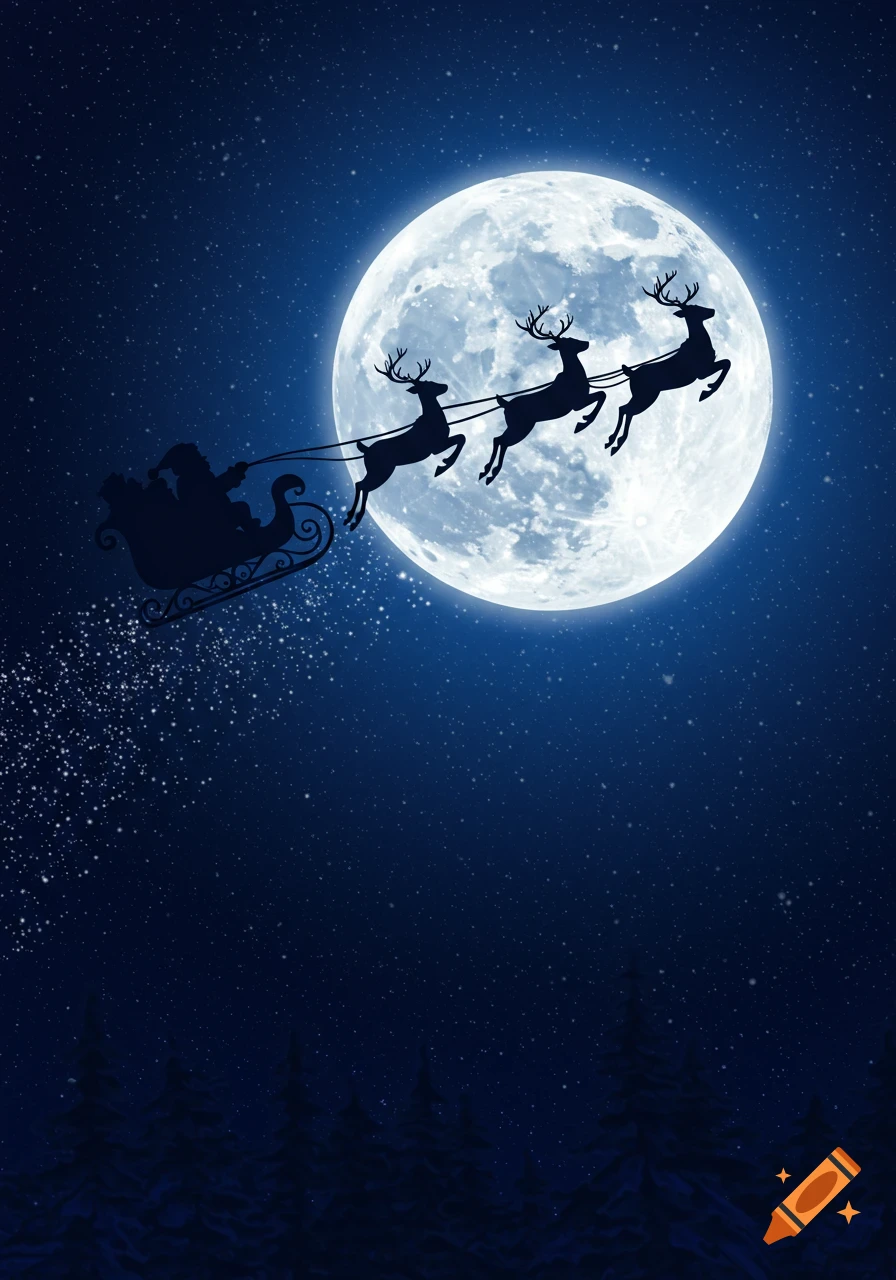 Silhouette of Santa in a sleigh pulled by three reindeer flying across a full moon in a starry night sky above a forest.