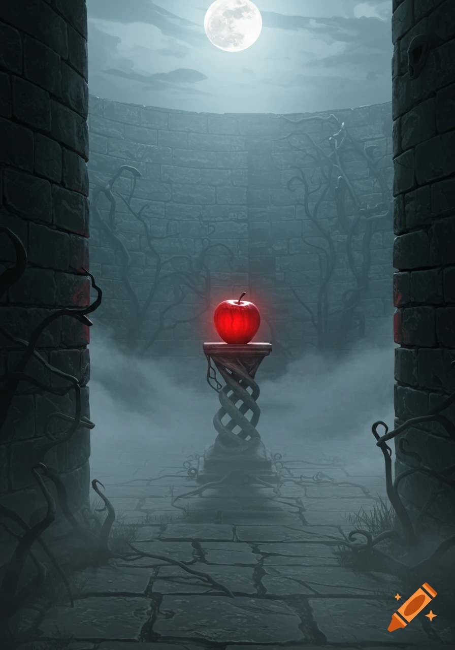 A glowing red apple sits on a twisted pedestal in a foggy, dark stone maze under a full moon.