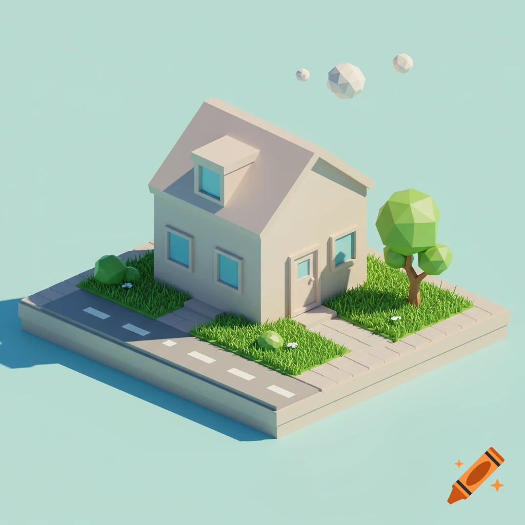 An isometric low-poly image of a modern small house with a yard, a tree, and a road under sunlight.