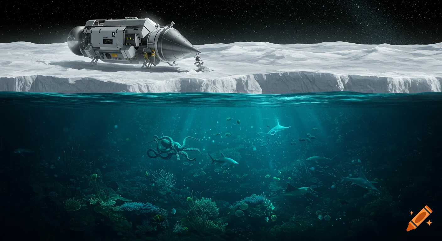 An automated drill submarine on Europa's icy surface, digging into the crust above a deep ocean filled with octopuses, sharks, and manta rays. Photorealistic.