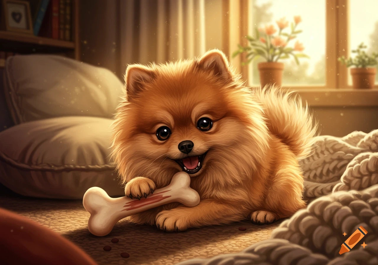 A cute, fluffy cartoon Pomeranian puppy chews on a bone in a cozy, sunlit room.