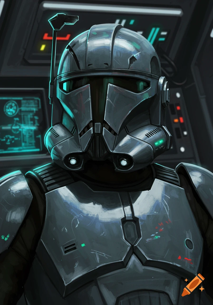 Close-up of Tech from Star Wars: The Bad Batch in gray armor with green highlights, in a futuristic setting.