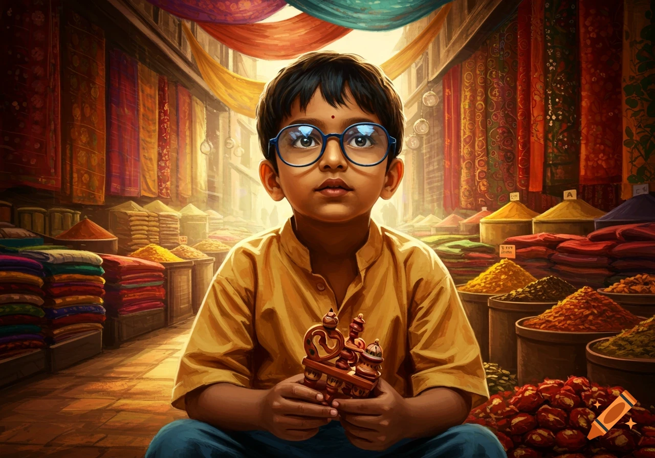 Young Indian boy with blue glasses holds a small decorative item, sitting in a vibrant, sunlit spice market.
