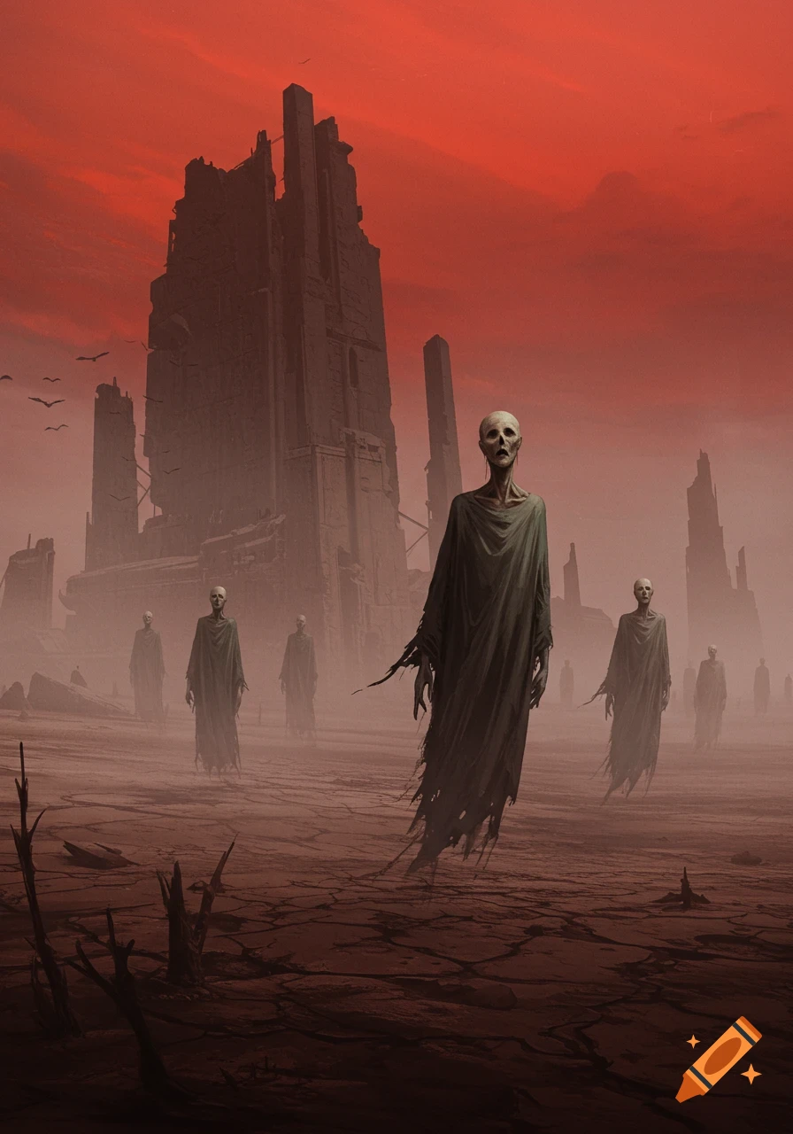 Gaunt figures in tattered robes stand in a desolate, cracked desert under a blood-red sky, with ruined buildings in the background, in a dark surrealist style.
