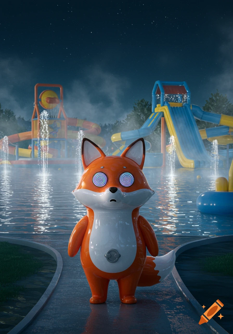 A shocked, inflatable orange and white fox with hypnotized eyes stands in a night water park with slides and fountains.
