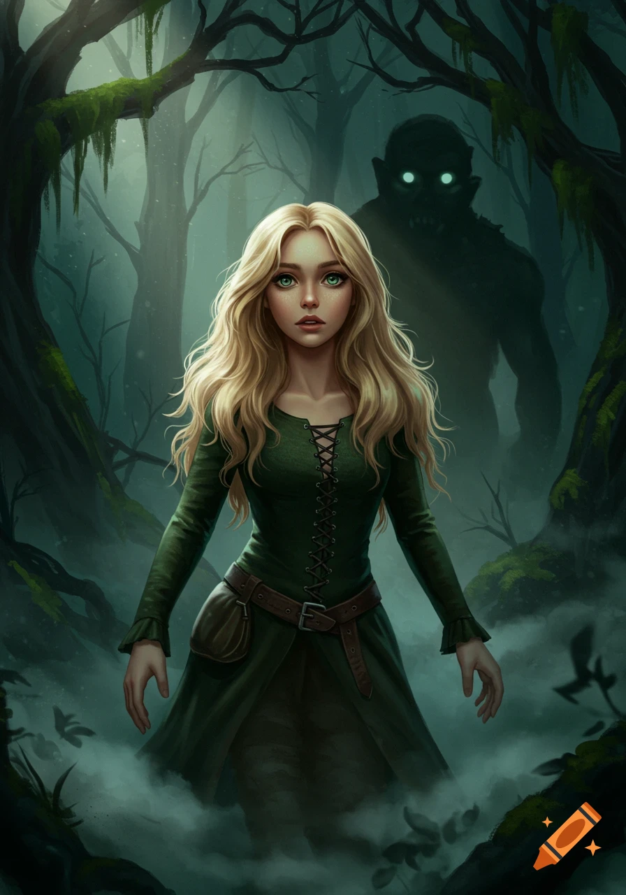 A blonde girl in a green dress stands in a dark, misty forest, with a glowing-eyed monster silhouetted behind her.
