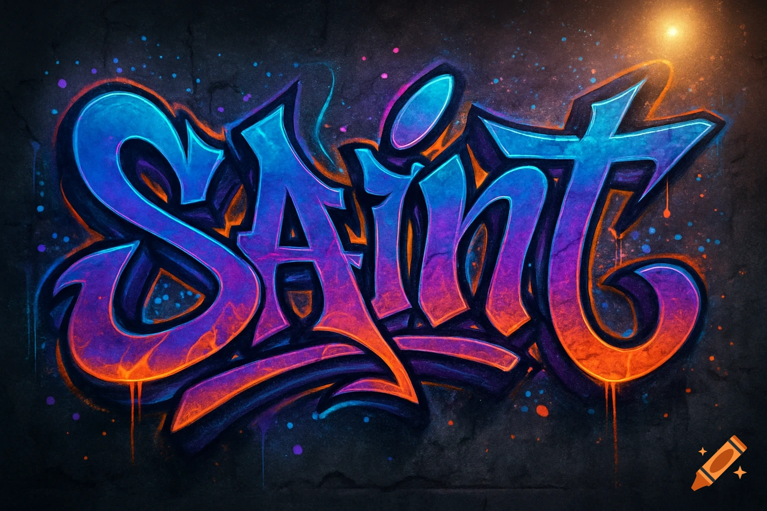 Colorful wild style graffiti spelling 'SAINT' with blue, purple, and orange hues on a dark, textured wall, with paint splatters.