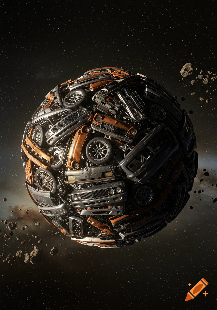 A detailed planet composed of car parts like grilles, bumpers, and wheels, floats in dark space with asteroids.